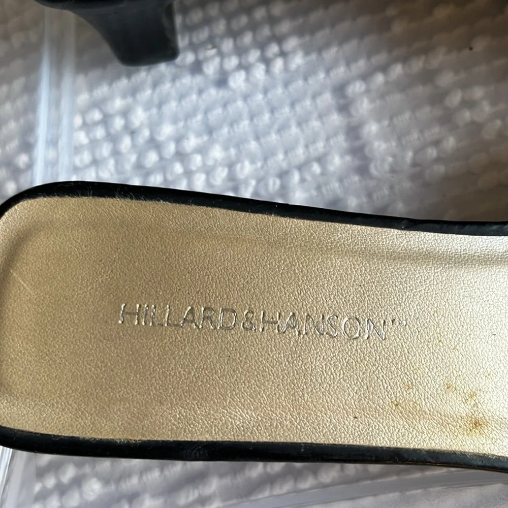 Hillard & Hanson black patent leather 1.5 inch heeled sandals. Size 6.5.
